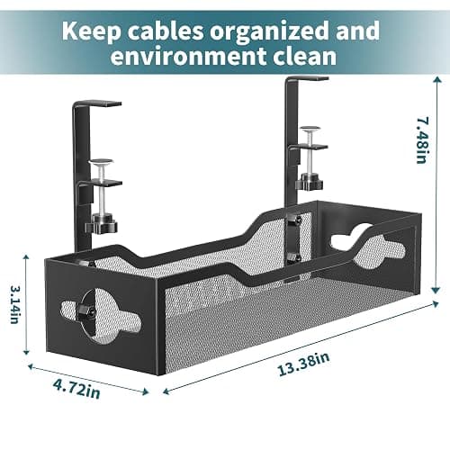 Litwaro Under Desk Cable Management Tray No Drill, 13.38'' Metal Wire Organizer with Clamp Mount for Standing Desk, Cord Management Box for Home Office – No Damage to Desk (Black) thumbnail 7