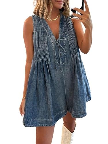 utcoco Womens Summer Casual Sleeveless Denim Romper Tie Front V Neck Jean Overall Shorts Romper With Pockets - Image 1