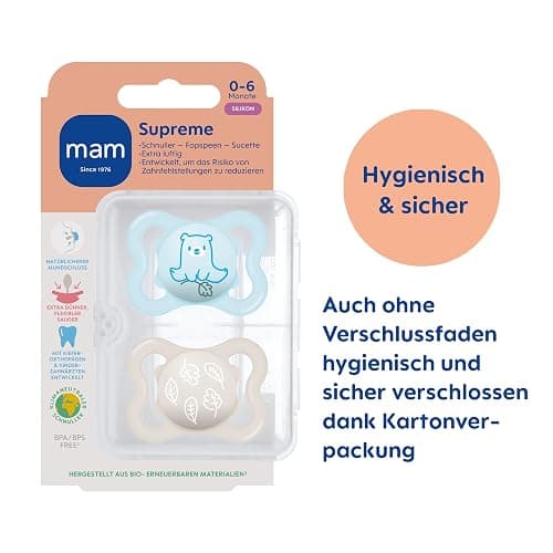 MAM Supreme Schnuller im 2er-Set, Baby Schnuller für eine gesunde Zahn- und Kieferentwicklung, beugt Hautreizungen vor, mit Schnullerbox, 0-6 Monate, Bär/Blätter - Bär/Blätter - 2er-Set thumbnail 2