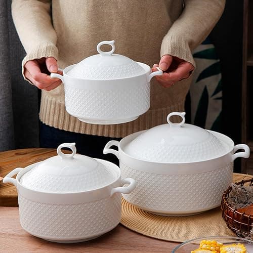 Hgjgwqh White Ceramic Round Tureen Round Porcelain Serving Soup Tureen, Heat-Resistant Premium Ceramic Bowls Lid Cooking Soup for Restaurant Home Kitchen Decoration, White Porcelain,9inch thumbnail 2