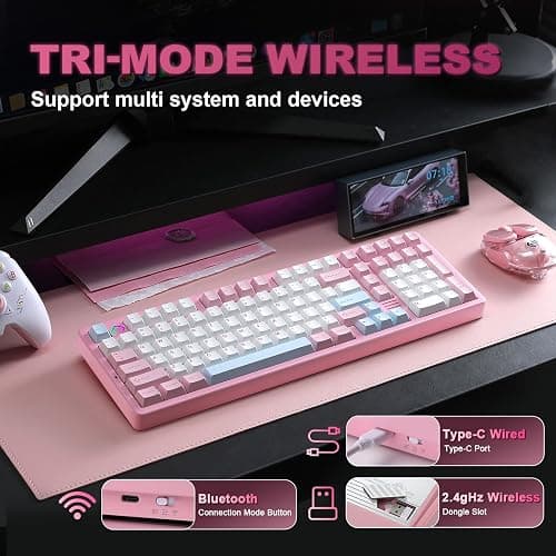 YUNZII AL98 QMK/VIA Wireless Mechanical Gaming Keyboard,Full Aluminum,BT/2.4G/USB-C, Pre-Lubed Hot Swappable Gasket Mount 1800 Layout,RGB Backlit for Win/Mac (Pink, Milk Switch) thumbnail 3