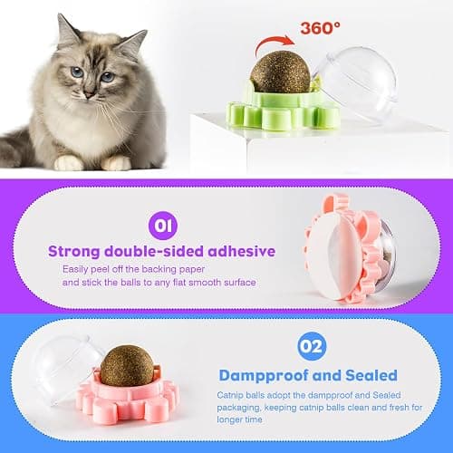 Kadays Catnip Balls for Indoor Cats 4 Pack Wall Mounted Rotatable Cat Toys Teeth Cleaning and Stress Relief Adhesive Catnip Stick on Wall Toys Interactive Chew for Kittens Play Entertainment thumbnail 4