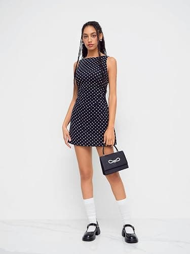 CIDER Mini Dress Polka Dot Ruched Bodycon Boat Neck Sleeveless Casual Elegant Party Date Slim Fit Dresses thumbnail 2