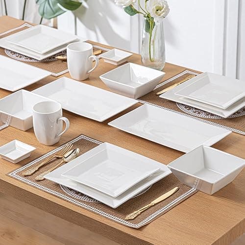 Porlien 16-Piece Classic Square Dinnerware Set for 4-Square Dinner Plates, Dessert Plates, Bowls & Dipping Saucers, Off White Dishes for 4 thumbnail 9