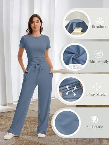 LanGui 2 Piece Sets for Women Summer 2026 Lounge Set Side Ruched Top and Wide Leg Pants for Airport Travel Vacation Outfit thumbnail 7
