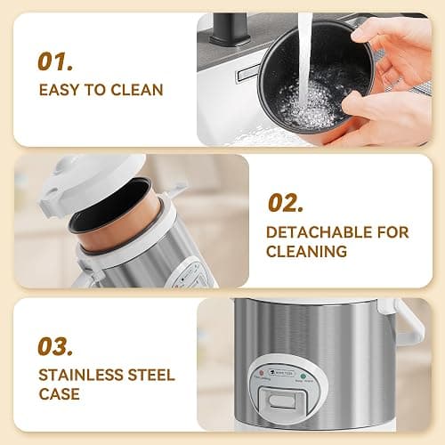WHITE TIGER 1.5L Mini Rice Cooker for 5 Cups Uncooked (6 Cups Cooked), Smart Rice Cookers with One Touch & Auto Keep Warm, Portable Travel Small Rice Cooker with Lid and Removable Non-stick Pot, Suitable For 1-4 People Cooking Rice, Oatmeal, Veggies thumbnail 6