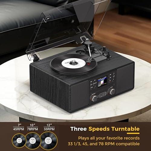 Bluetooth Vinyl Record Player with CD & Internet Radio, 3-Speed Belt-Drive Turntable with USB Recording, AUX/RCA Output, Tone & Remote Control, Vintage Black Vinyl Player for Home Entertainment & Gift thumbnail 6
