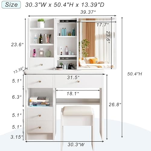 Vanity Desk Makeup Vanity Desk with Sliding Mirror and Lights, Makeup Vanity Set with Drawers, Stool and Open Shelves, 3 Color Lighting Modes Brightness Adjustable Dressing Table for Bedroom (Model 2) thumbnail 2