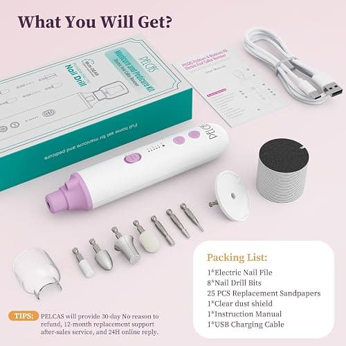 PELCAS Toenail Grinder for Thick Toenails 8 in 1 Manicure & Pedicure Kit, 5 Speeds Cordless Nail Drill with LED Light Electric Foot Callus Remover for Foot Callus, Thick Nails, Finger Nails Pink thumbnail 8