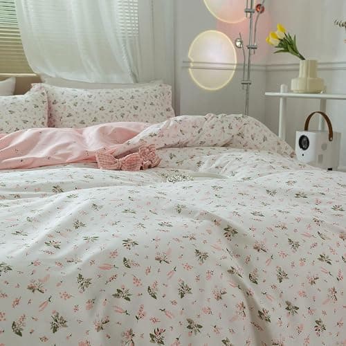 Girl Duvet Cover Twin Pink White Flower Print Bedding Sets Garden Style Floral Comforter Cotton Aesthetic Cover Chic Floral Bedroom Collection 1 Duvet Cover with 2 Pillowcases thumbnail 8