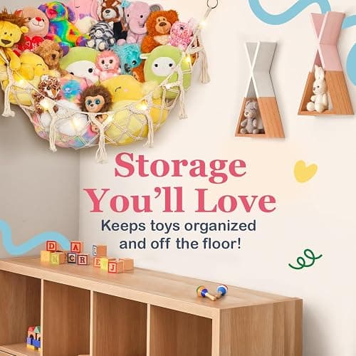 Stuffed Animal Storage Macrame Hammock w/String Lights, Large - Boho Room Decor Toy Storage - Corner Hanging Plushie Stuffed Animal Net Organizer (White) thumbnail 2