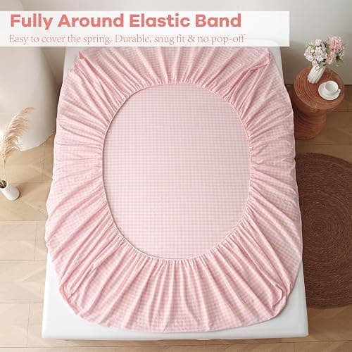 K MASANIJI Peach Blush White Plaid Ruffle Gingham Sheets Twin XL Size 4-Piece Set, 300TC 100% Yarn Dyed Linen Feel Cotton Sheets 18 in Deep Pocket Kids Preppy Bedding (Blush/White Plaid, Twin XL) thumbnail 4