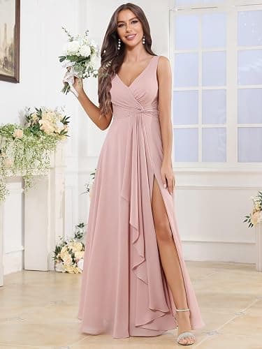 BOLENSYE Women's V Neck Bridesmaid Dresses with Pockets A Line Ruffles Ruched Long Slit Chiffon Evening Party Gown - Navy Blue - 16 thumbnail 3