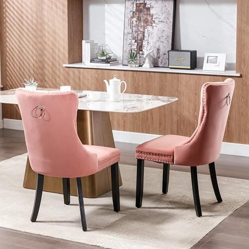 Beuiosda Pink Dining Chairs Set of 2 -Modern Velvet Upholstered Dining Chair with Ergonomic Tufted Backrest and Solid Wood Legs, Easy Assembly for Kitchen, Dining Room, Living Room, Restaurant thumbnail 4