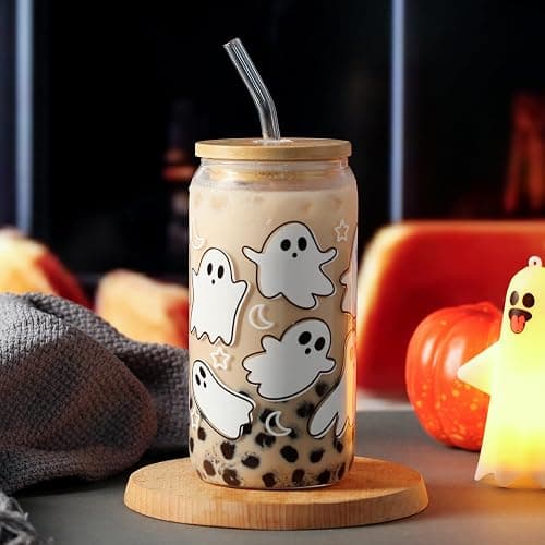 KMCCUMBER Halloween Ghost Fall Glass Cup with Lid Straw Gifts for Women | 16oz Ghost Fall Mug, Iced Coffee Glass Tumbler, Goth Teens girls Basket Stuffer for Halloween thumbnail 5