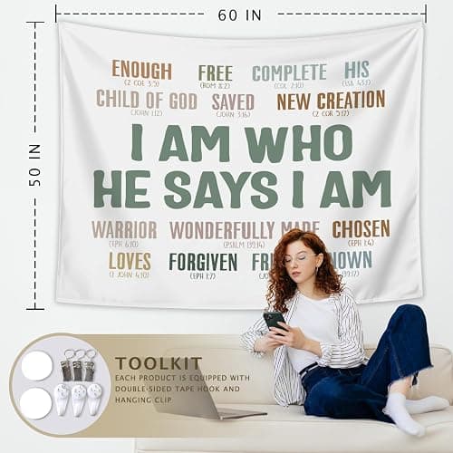 LIANGW Bible Verses Christian Tapestry, I Am Who He Says I am, Indoor Outdoor Wall Art Tapestry for Bedroom, Teens Room Decoration Living Room Bedroom 50x60 inches - 02-I Am Who He Says I am thumbnail 2