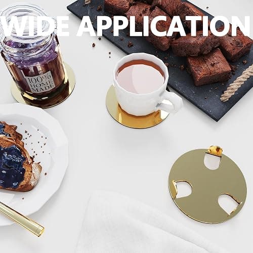 Anterrific Gold Stainless Steel Coasters with Holder, Modern Mirror Drink Coaster Set of 6, Unique Round Cup Coasters with Non-Slip EVA Base, Housewarming Décor for Coffee Bar and Dining Table thumbnail 2