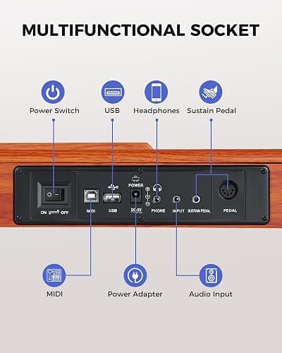 Fesley Weighted Piano Keyboard 88 Keys: Full Size Electric Keyboard Piano for Beginners, Portable 88 Key Keyboard with Daul Speaker,Sustain Pedal,Power Adapter,Support Bluetooth,USB MIDI,FEP300, Brown thumbnail 5
