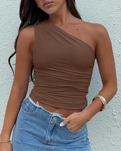 zhaistar Women's One Shoulder Tank Top Sleeveless Ruched Slim Fit Y2K Basic Going Out Crop Tops thumbnail 6