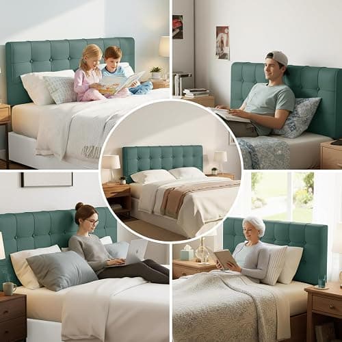 CQXMJT Twin Headboard, Tool-Free 60s Installation - 4" High-Density Foam Upholstered Headboard with Side Pockets, Non-Slip Linen Headboard for Dorm/Renter/Small Bedroom, Grass Green thumbnail 4
