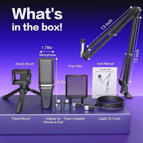 Gaming USB Microphone for PC Phone,ZealSound Noise Cancellation Condenser Mic Kit,RGB,Boom Arm Stand &Tripod,Quick Mute,Gain,Pop Filter for Computer,PS 4&5,Mac,Streaming,Podcast,Twitch,YouTube,Discord - Black thumbnail 7