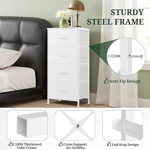 Nightstand, 4 Drawer Dresser End Table Bedside Furniture with Wooden Top Steel Frame Fabric Bins for Bedroom, Closet, Entryway, Dorm, Living Room, White thumbnail 4