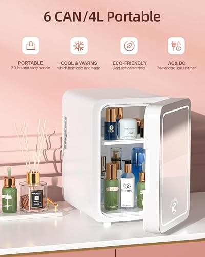CUTIEWORLD Skincare Fridge with Dimmable LED Light Mirror, 4L Mini Fridge For Desktop, Travel or Cool & Heat, Makeup Fridge for Cosmetics, Skin Care and Food, White thumbnail 2