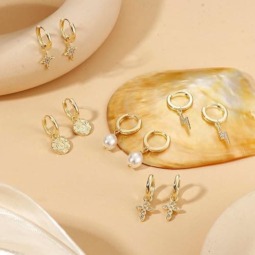 Dochais 14K Gold Plated S925 Sterling Silver Post Earrings Lightweight Drop Dangle Hoop Hypoallergenic Sleeping Earrings for Women Girls thumbnail 5