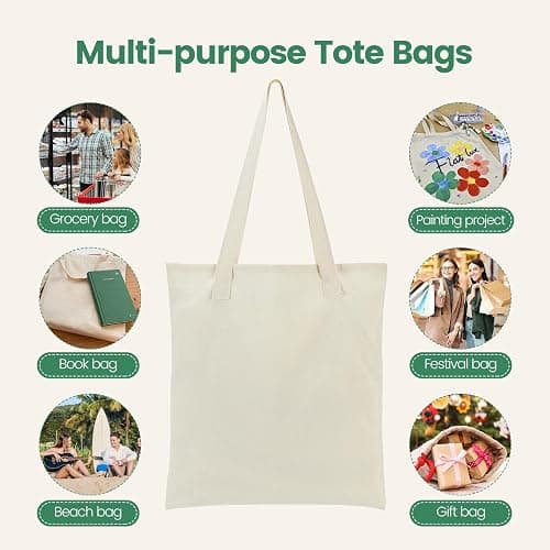 Carbrea 12 Pack Canvas Tote Bag - Lightweight Thin Tote Bags Bulk Blank Shopping Reusable Grocery Bags for DIY Gift Sublimation Activity - Beige thumbnail 7