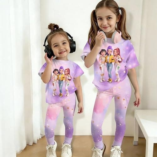 K Pop Outfits Set for Girls Short Sleeve T-Shirt and Long Pants Cute Cartoon Print Graphic Tees Merch Costume 2 Piece thumbnail 5