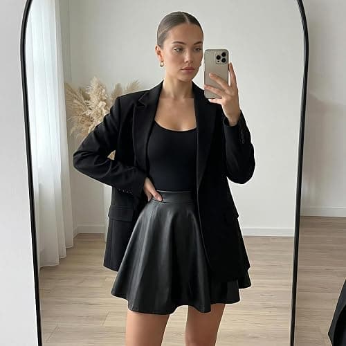WERFORU Lederrock Damen Minirock Leder Rock für Damen Elastische Taille A-Linien Pull On Skater Röcke thumbnail 3