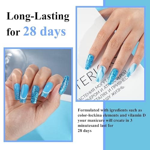 Eodci 12 Pcs Dip Powder Nail Kit Starter, 6 Colors Glitter Blue Snow Dipping Powder Kit With Base & Top Coat/Activator/Brush Saver, Nail Art Manicure Salon DIY for Daily at Home Party Gifts for Women thumbnail 5