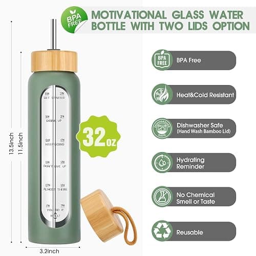 SipZest 32 oz Glass Water Bottle with Straw - Motivational Time Marker & Silicone Sleeve - Reusable Tumbler Includes 2 Bamboo Lids & Fruit Infuser - 1 Pack thumbnail 2