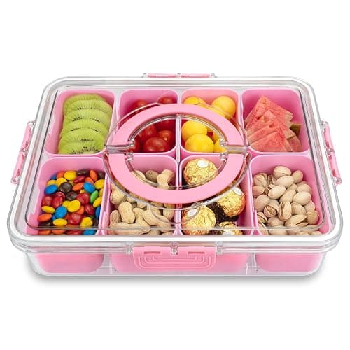 Divided Serving Tray with Lid and Handle, 8 Compartments Snack Box, Portable Platter for Candy Fruits Nuts, Snack Party Entertaining Picnic - Image 1