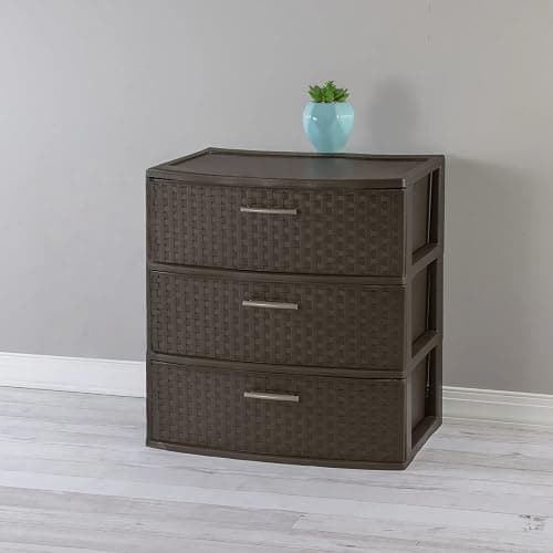 Brown 3 Drawer Wide Weave Tower - Plastic Décor Drawers with Pull Handles thumbnail 2
