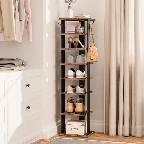HOOBRO 8 Tiers Vertical Shoe Rack, Wooden Shoe Storage Organizer with Hooks, Narrow Shoe Tower for 8 Pairs, Space Saving, for Entryway, Living Room, Bedroom, Rustic Brown BF07XJ01G1 thumbnail 2