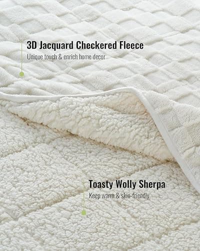 Uttermara Sherpa Fleece Weighted Blanket Queen Size(15lbs, 60" x 80", Cream White), 3D Jacquard Checkered Warm Sherpa Heavy Blanket for Adults, Soft Fuzzy Weighted Blankets for Couch Bed Sofa thumbnail 3