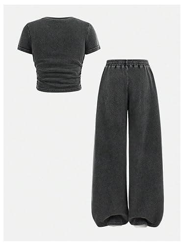 SOLY HUX Girl's 2 Piece Summer Outfits Short Sleeve Ruched T Shirt and Wide Leg Pants Set Streetwear thumbnail 2