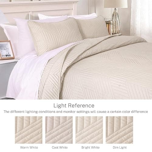 Exclusivo Mezcla Ultrasonic Twin Quilt Bedding Set, Lightweight Brich Beige Bedspreads Soft Modern Geometric Coverlet Set for All Seasons (1 Quilt and 1 Pillow Sham) thumbnail 3