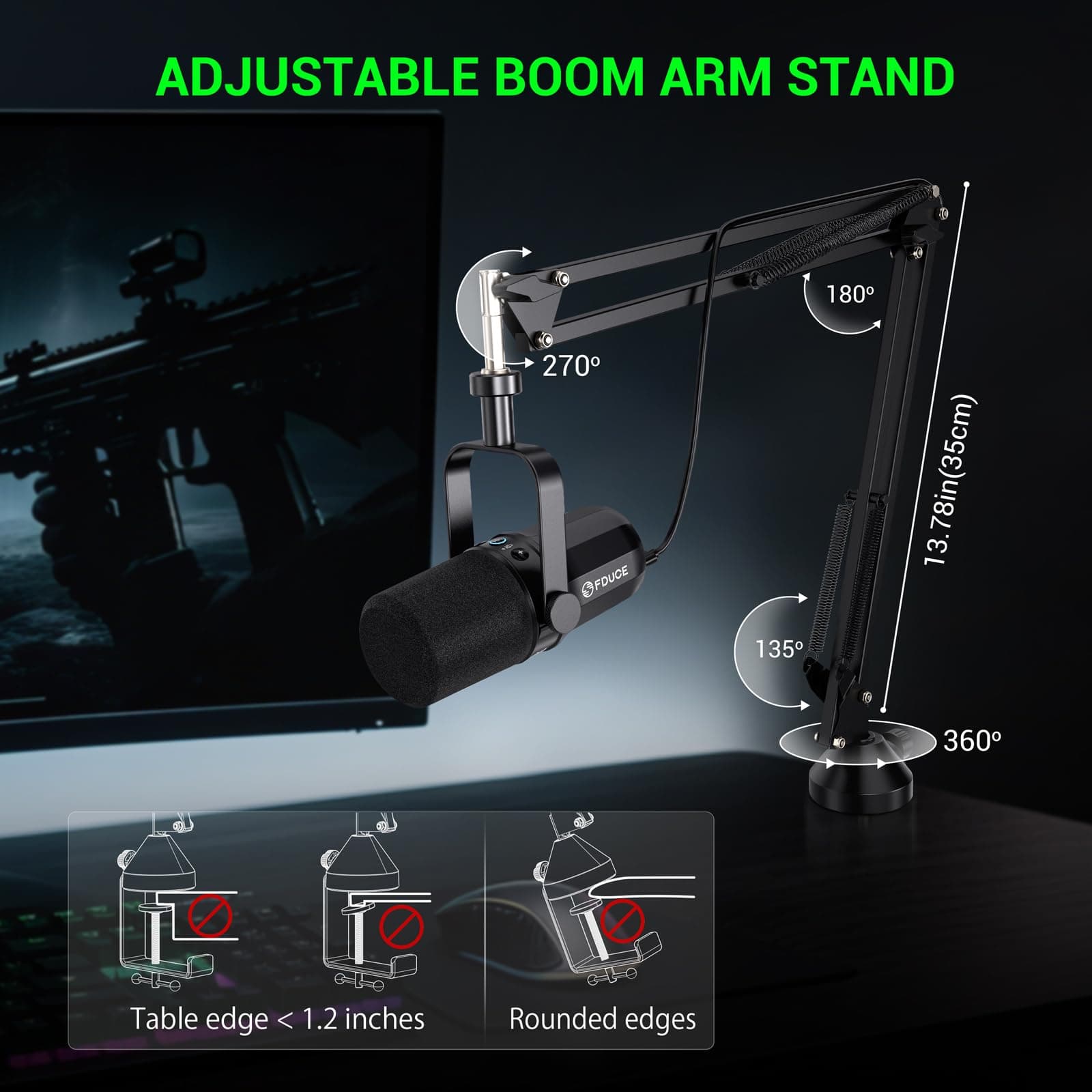 FDUCE Dynamic Microphone, XLR/USB Podcast Recording PC Microphone for Vocal Voice-Over Streaming, Studio Metal Mic with Mute, Headphone Jack, Monitoring Volume Control, with Boom Arm (SL40+) thumbnail 6