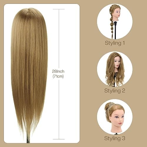71cm hairdressing Head, 60% Real Human Hair Cosmetology Mannequin Head Manikin Doll Head with Table Clamp + DIY Hair Styling Tools Set (Gold) thumbnail 3