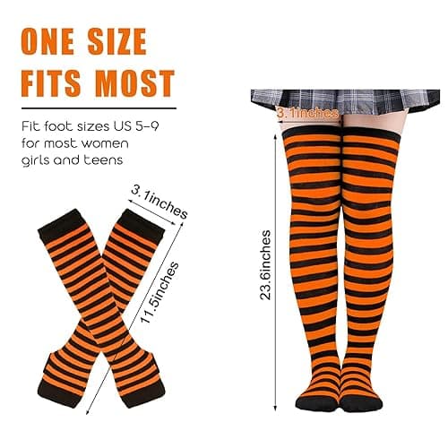 Barrlves 2/4 Sets Womens Striped Knee High Socks Long Knitted Arm Warmers Fingerless Gloves for Halloween Costume - 2sets Rose+neon thumbnail 2