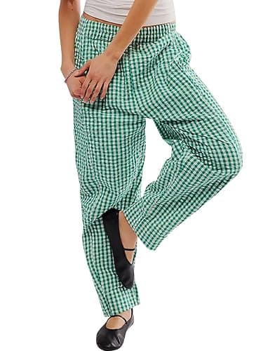 YKR Plaid Pants for Women Gingham Lounge Wide Leg Low Waist Pajama Pants Elastic Waist Trousers with Pocket - Image 1