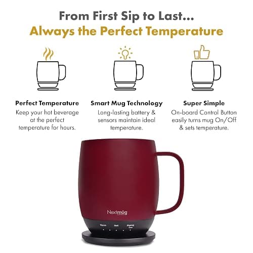 Nextmug - Temperature-Controlled, Self-Heating Coffee Mug (Burgundy - 14 oz.) thumbnail 3