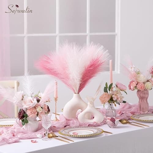 Serwalin Pampas Grass Pink Decor 17.7 Inch 6pcs, Faux Pampas Grass Home Decor, Artificial Pampas Grass Blush Fake Pampas, Short Vase Room Christmas Decoration thumbnail 7