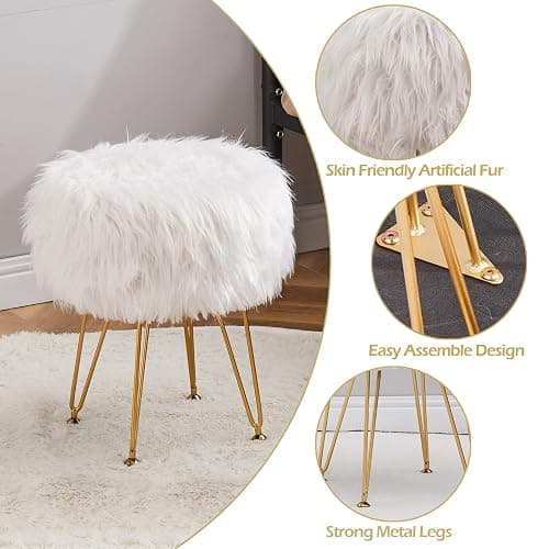 Mxfurhawa Faux Fur Storage Ottoman Round Furry Vanity Stool Marble Grain Tray Coffee Table Compact Footrest with 4 Metal Legs Soft Makeup Seat Foot Stool for Living Room Bedroom Entryway White thumbnail 5