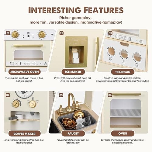 EDUBEBO Kids Kitchen playset, Wooden Play Kitchen, Height Adjustable, Comes with Various Kitchen Accessories, Ideal Role Play Toy Gift for Toddlers and Kids Ages 3-8 (White) thumbnail 6