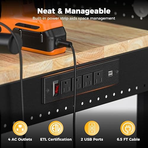 CAMMOO 48" Heavy Duty Work Bench Adjustable Height Max Load 2000 LBS with Storage Shelf for Garage Workbench, Rubberwood Tabletop with Pegboard, LED Light, Built-in Power Strip for Woodworking Shop thumbnail 6
