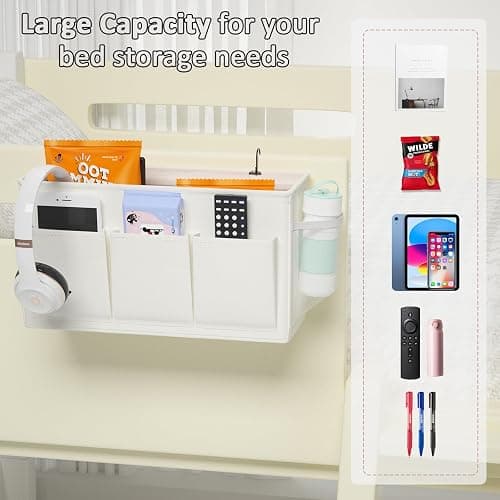 Edudif Dual-purpose Bedside Caddy Bedside Organizer, Bed Caddy with 6 Pockets, Versatile Bedside Storage Solution Magazine Remotes holder, ideal for Home, Dorm, Hospital, Crib Bed (White) thumbnail 6