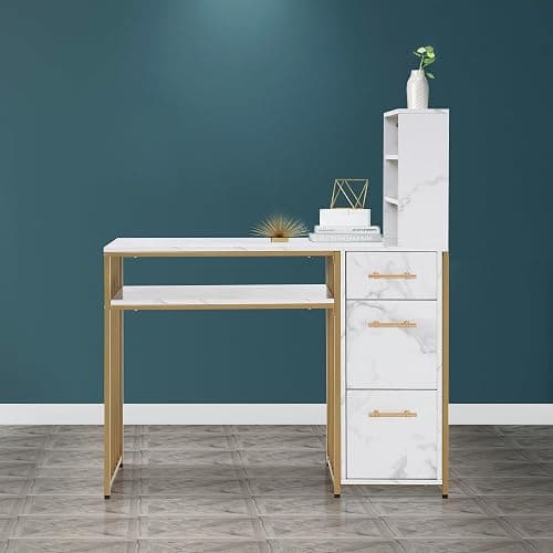 BarberPub Manicure Table with Drawers, Marbling Texture Nail Desk with Storage, Spa Beauty Salon Station, Modern Workstation with Open Shelves 2423 (White) thumbnail 2